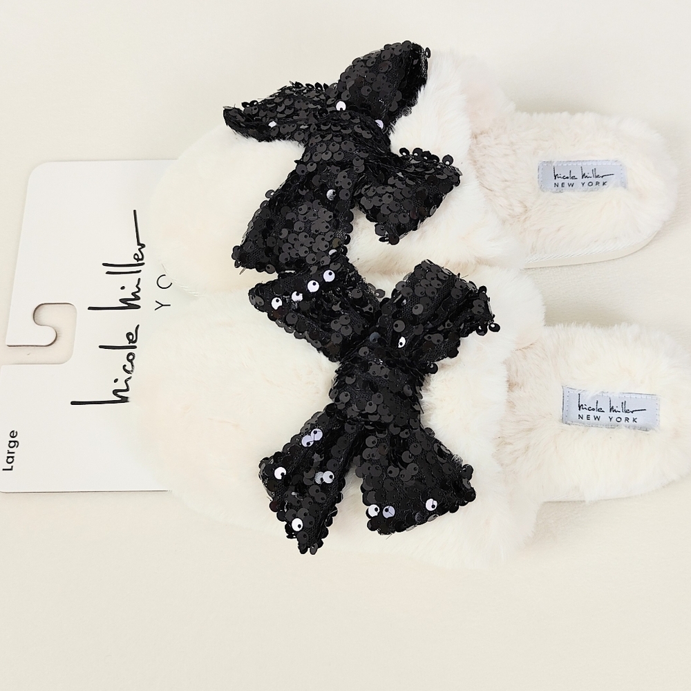 NEW! Nicole Miller Women's Faux Fur Slippers Size Large 8 9 Sequin Bow Warm